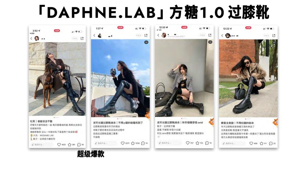 方糖 1.0 过膝靴的四篇小红书笔记，测款阶段定为超级爆款
