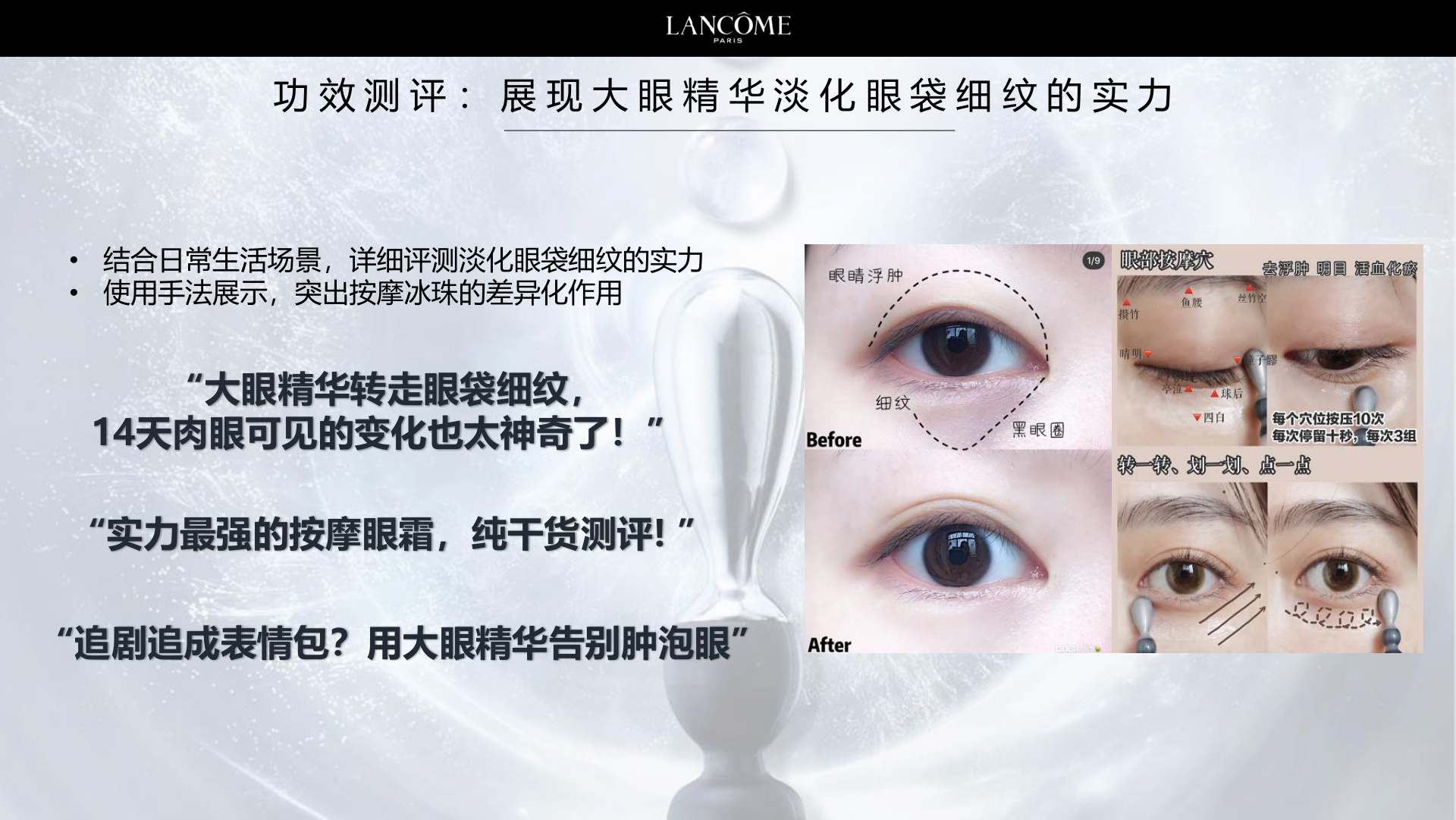 功效测评方向：冰珠按摩与眼袋细纹可视化证明